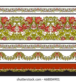 Seamless pattern with white and black stripes and medieval floral pattern.  Vector illustration. 