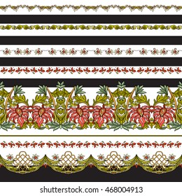 Seamless pattern with white and black stripes and medieval floral pattern.  Vector illustration. 