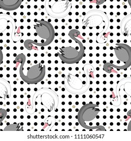 Seamless pattern with white and black swans on a background of black polka dots. Vector illustration.