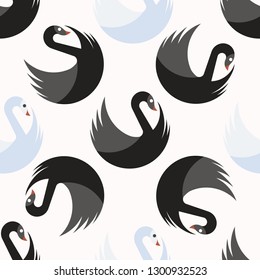 Seamless pattern with white and black swans. Vector