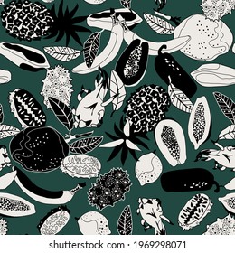 seamless pattern with white and black tropical fruit, vector design for paper, fabric and other surface