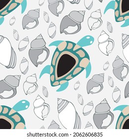 seamless pattern white black and white turtles and sea shells gray vector
