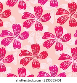 Seamless pattern with white blooming tree branches, apple tree or sakura flowers on pink background, vector illustration