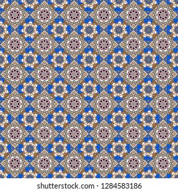 Seamless pattern in white, blue and beige colors. Vector background with tiles and rhombus. Vector geometrical seamless ornament.