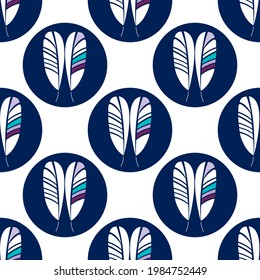 seamless pattern white blue circles and two white feathers sport style vector 