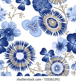 Seamless pattern in white and blue color with decorative flowers and leaves on a white background. 