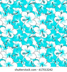 Seamless pattern in white and blue colors. Vector hand drawn painting of white and blue hibiscus flowers.