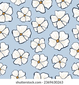 Flores tropicales blancas y azules sin foco. Fondo del patrón tropical vectorial sin costuras florales. Diseño para tela, impresión, cubierta, banner
