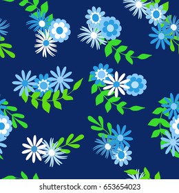 Seamless pattern with white, blue flowers and twigs, vector. Good for fabric, festive decor, wallpaper, wrapping paper, design packaging, cover and more
