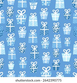 Seamless pattern with white and blue gift boxes with ribbons on blue background. Repeating festive texture. 