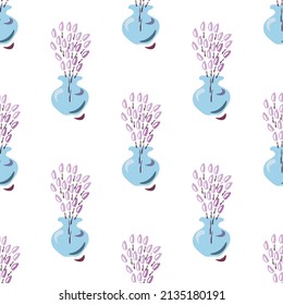seamless pattern white blue glass vase with lavender bouquet vector