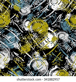 Seamless pattern with white, blue and khaki elements on black background