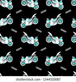 Seamless pattern. White and blue moto on black background. Vector illustration.