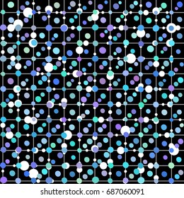 Seamless pattern of white, blue, purple circles, a grid on a black background