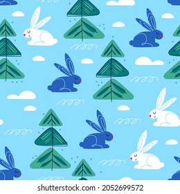 Seamless pattern of white and blue rabbits, christmas trees, snow forest. Winter cute wallpaper. Vector illustration