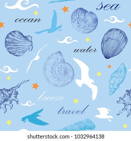 Seamless pattern with white and blue seashells and gulls on blue background