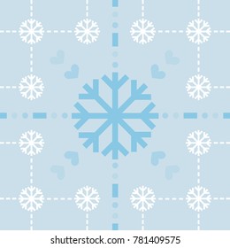 Seamless pattern of white and blue simple snowflakes on pastel blue background. It can be used in printed materials such as gift-wrapped paper or fabric pattern or anything else