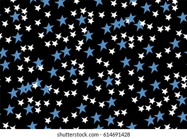 Seamless pattern with white and blue stars on black background. Vector illustration.