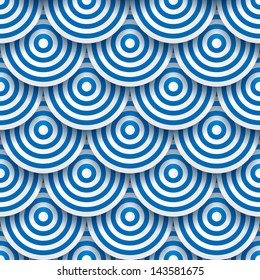 Seamless pattern of white and blue striped circles with drop shadows. Vector illustration