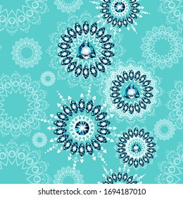 Seamless pattern. White boho mandalas and blue topaz crystals and gems on turquoise gradient mesh background. Mandala concept.