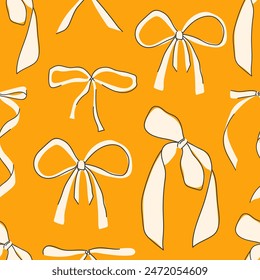 Patrón sin costuras con lazos blancos sobre un fondo amarillo. Arcos blancos con contorno negro. Diseño moderno de un patrón de lazo sin costuras para vacaciones, textiles y productos de regalo. Vector