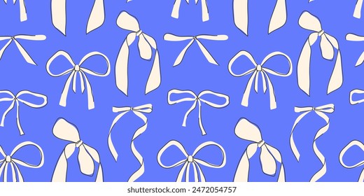 Seamless pattern with white bows on a blue background. White bows with a black outline. Modern design of a seamless bow pattern for holidays, textiles, and gift products. Vector