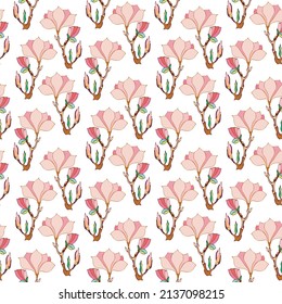 seamless pattern white branches blooming magnolia pink hand drawn sketch vector
