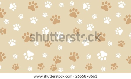 Seamless pattern with white and brown paw prints on a beige background. Ideal for pet-themed designs, fabrics, or digital use