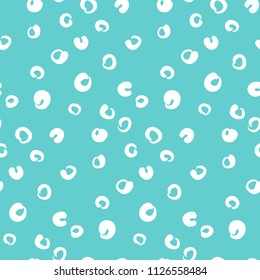 Seamless pattern with white bubbles, rings, dots, circles on green blue background. Abstract geometric hand drawn texture. Water effect. Sketch drawing. Modern vector hipster print with doodles. 