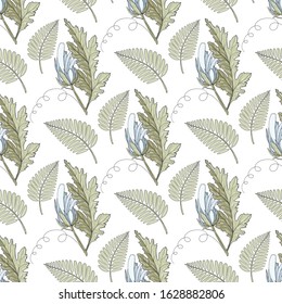 Seamless pattern with white buds of chrysanthemums and leaves. Endless texture for design. Vector background with chrysanthemums and floral elements for your greeting cards, fabric design, wedding.