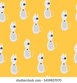 Seamless pattern with white bull terriers with black stain on yellow background. Serious dog