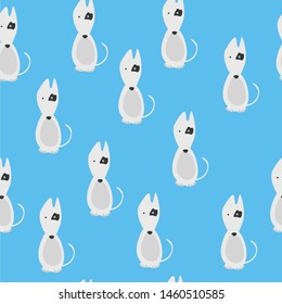 Seamless pattern with white bull terriers with a black spot on a blue background. Serious dog