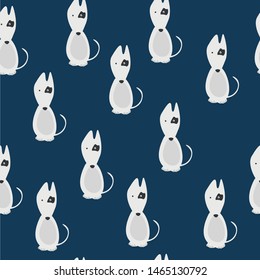 Seamless pattern with white bull terriers with a black spot on a dark blue background. Serious dog
