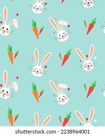 Seamless pattern of white bunnies with carrots on blue background. Flat style. Pattern for fabric or wallpaper.