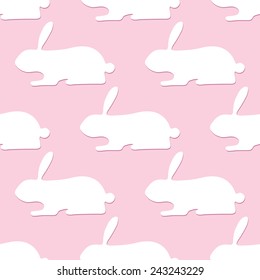 Seamless pattern with white bunnies with dark pink shadows lying one after another isolated on light pink background. For wallpaper, wrapping paper, textile decoration, invitations, greeting cards