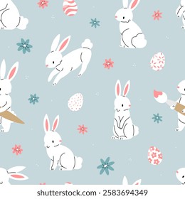 Seamless pattern with white bunnies, Easter eggs and flowers on a blue background. Vector Easter illustration background. Flat illustration.