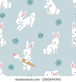 Seamless pattern with white bunnies and flowers on a blue background. Vector Easter illustration background. Flat illustration.