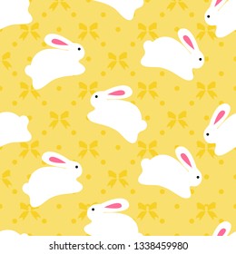 Seamless pattern of white bunnies on orange background with bow elements