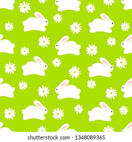 Seamless pattern of white bunnies on green background with floral elements