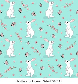 Seamless pattern with white bunnies, pink butterflies and sakura flowers. Cute cartoon rabbit character, kawaii hare on bright turquoise background, spring nature, flat vector illustration