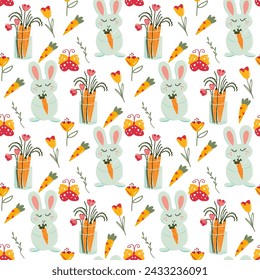 Seamless pattern with white bunny and carrots. Cute kids print. Vector hand drawn illustration.