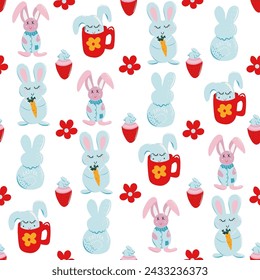 Patrón sin costuras con conejito blanco y zanahorias. Lindo estampado de niños. Ilustración dibujada a mano del vector.