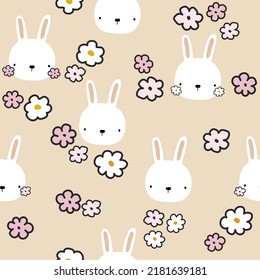 Seamless pattern with white bunny and flowers. Cute childish print. Vector hand drawn illustration.