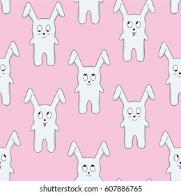 Seamless pattern of white bunny on a pink background. Cartoon rabbits are character. Hand drawing. Vector illustration.