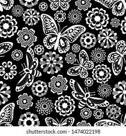Seamless pattern, white butterflies and flowers on a black background