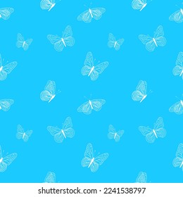 Patrón sin foco de mariposas blancas sobre fondo azul. Diseño para envolver papel, tela, postal, banner. Ilustración del vector