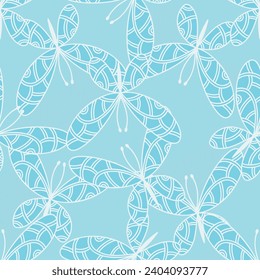 Seamless pattern with white butterflies on blue background. Vector pattern. Textile print