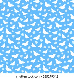 Seamless pattern with white butterflies on a blue background. Vector illustration.