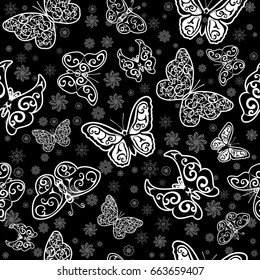 Seamless pattern with white butterfly and flowers on black  background