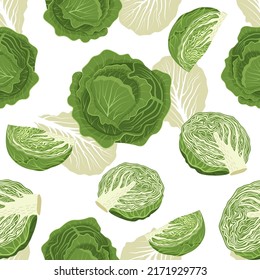 Seamless pattern with white cabbage,  halves head of cabbage and leaves. Vector pattern on a white background in a flat style.